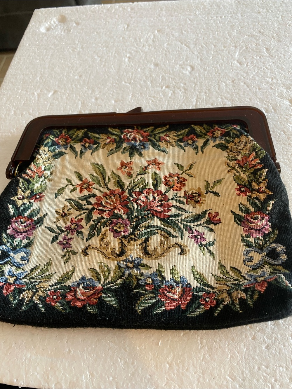 Vintage Floral Tapestry Frame Clutch Bakelite Closure Frame- Black and Cream